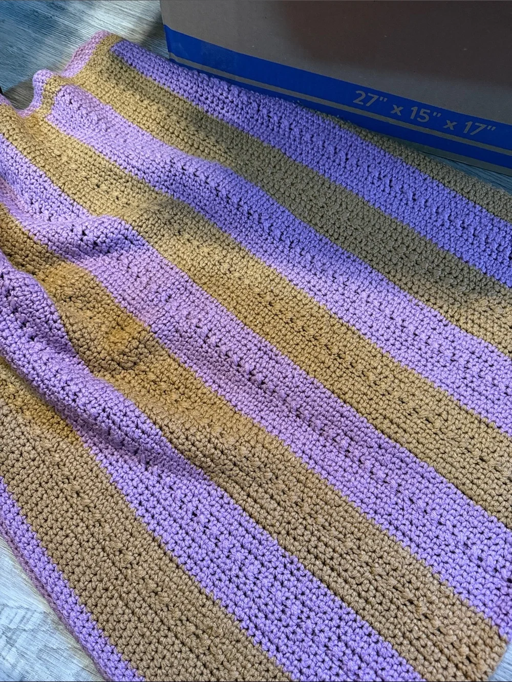Handmade Striped Crochet Blanket in Lavender and Tan
